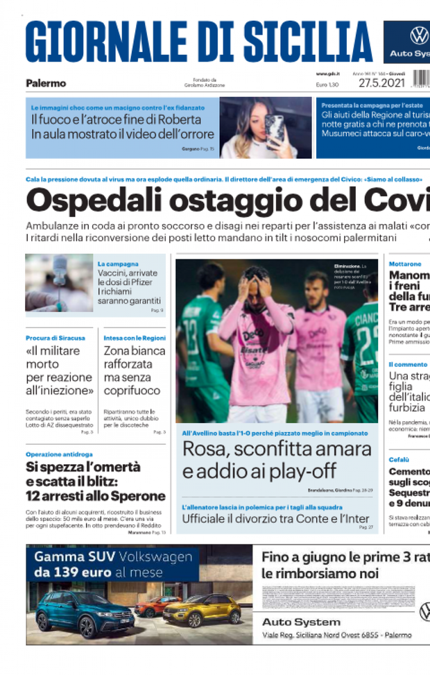 Prima Pagina, Giornale di Sicilia: “Ospedali ostaggi del Covid. Rosa, sconfitta amara e addio ai play-off” Prima Pagina, Giornale di Sicilia: “Ospedali ostaggi del Covid. Rosa, sconfitta amara e addio ai play-off”