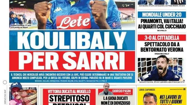 Prima Pagina, Tuttosport: “Koulibaly per Sarri. Qui si fa il Milan. Pinamonti, vai Italia!” 