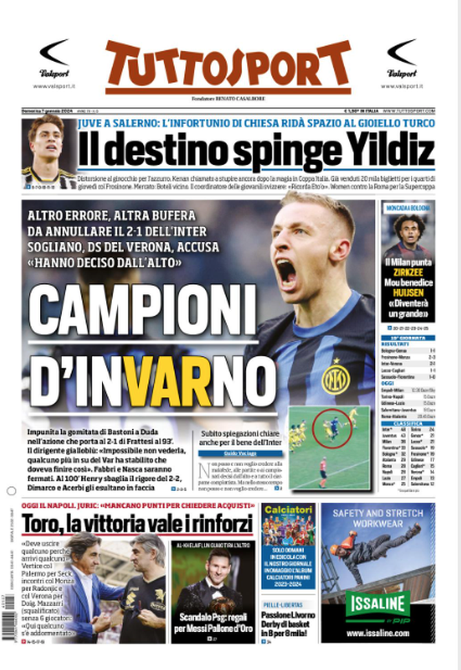 La prima pagina di Tuttosport 07-01-2024
