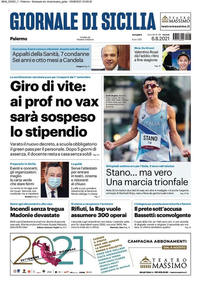 Prima Pagina, Giornale di Sicilia: “Stano… ma vero. Una marcia trionfale” 