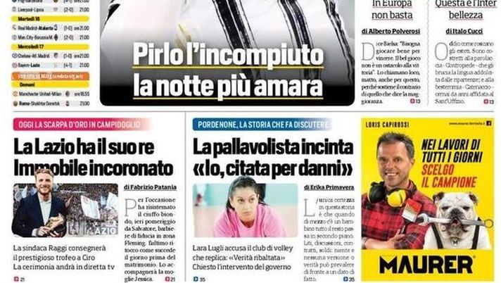 Prima Pagina, Corriere dello Sport: &#8220;Tradita da Ronaldo! Formula Conte con le grandi. La Lazio ha il suo Re, Immobile incoronato&#8221; 