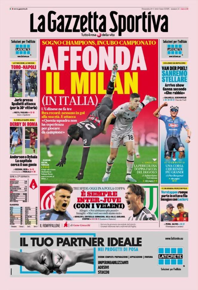 Prima pagina Gazzetta dello Sport 19/03/2023