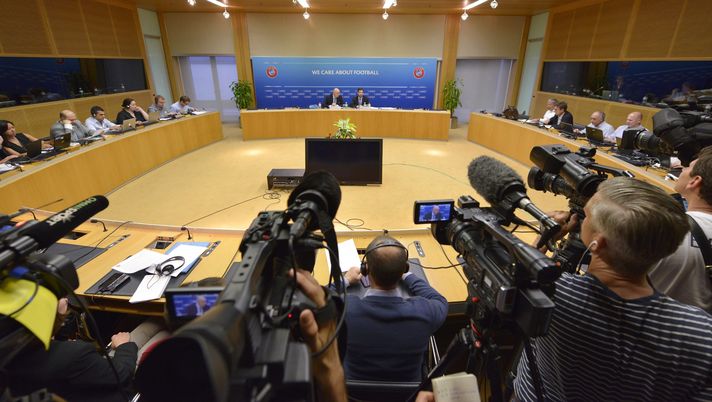 NYON, SWITZERLAND - SEPTEMBER 18: UEFA General Secretary Gianni Infantino (L) speaks during a press conference as UEFA Head of Communications David Farrelly looks on following the Executive Committee meeting at the UEFA headquarters, The House of European Football, on September 18, 2014 in Nyon, Switzerland. (Photo by Harold Cunningham/Getty Images for UEFA) NYON, SWITZERLAND - SEPTEMBER 18: UEFA General Secretary Gianni Infantino (L) speaks during a press conference as UEFA Head of Communications David Farrelly looks on following the Executive Committee meeting at the UEFA headquarters, The House of European Football, on September 18, 2014 in Nyon, Switzerland. (Photo by Harold Cunningham/Getty Images for UEFA)