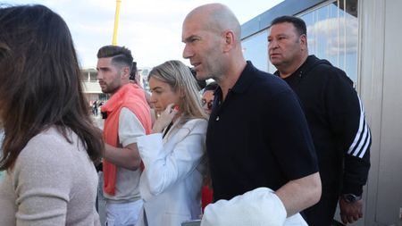 PARIS, FRANCE - MAY 28: Zinedine Zidane, his son Luca Zidane during the UEFA Champions League final match between Liverpool FC and Real Madrid at Stade de France on May 28, 2022 in Saint-Denis near Paris, France. (Photo by John Berry/Getty Images)