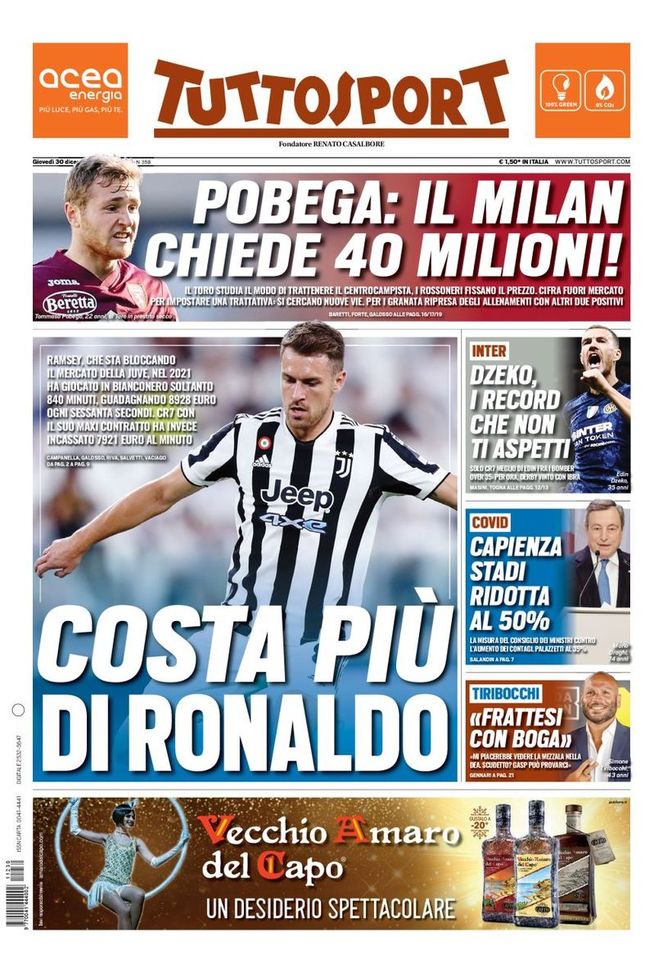 Prima Pagina, Tuttosport: “Ramsey costa più di Ronaldo” Prima Pagina, Tuttosport: “Ramsey costa più di Ronaldo” - immagine 1