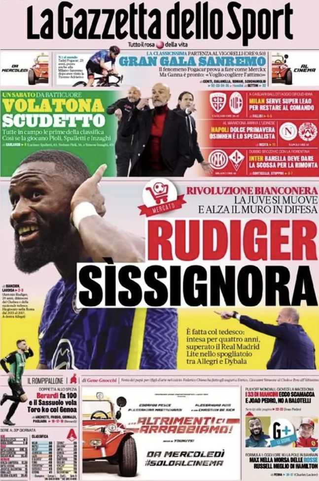 Prima Pagina, Gazzetta dello Sport: “Rudiger Sissignora. Volatona scudetto” prima pagina