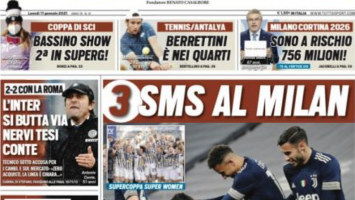 Prima pagina, Tuttosport: “3 sms al Milan, la Juve non molla! L’Inter si butta via” Prima pagina, Tuttosport: “3 sms al Milan, la Juve non molla! L’Inter si butta via”