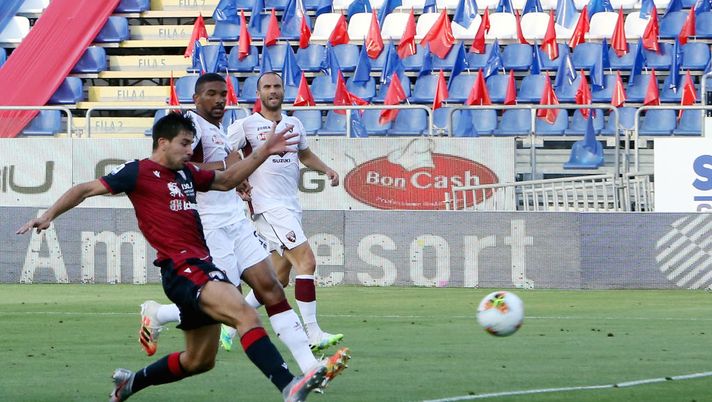 CAGLIARI, ITALY - JUNE 27:   Giovanni Simeone scores his goal 2-0 during the Serie A match between Cagliari Calcio and  Torino FC at Sardegna Arena on June 27, 2020 in Cagliari, Italy.  (Photo by Enrico Locci/Getty Images) 