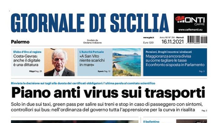 Prima Pagina, Giornale di Sicilia: “Piano anti virus sui trasporti. Italia spenta” Prima Pagina