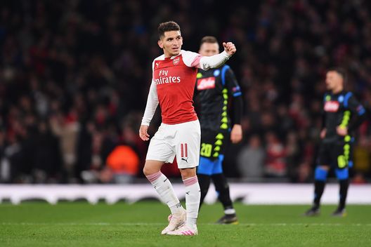 LONDON, ENGLAND - APRIL 11: Lucas Torreira of Arsenal celebrates scoring his teams second goal of the game during the UEFA Europa League Quarter Final First Leg match between Arsenal and S.S.C. Napoli at Emirates Stadium on April 11, 2019 in London, England. (Photo by Justin Setterfield/Getty Images) LONDON, ENGLAND - APRIL 11: Lucas Torreira of Arsenal celebrates scoring his teams second goal of the game during the UEFA Europa League Quarter Final First Leg match between Arsenal and S.S.C. Napoli at Emirates Stadium on April 11, 2019 in London, England. (Photo by Justin Setterfield/Getty Images)