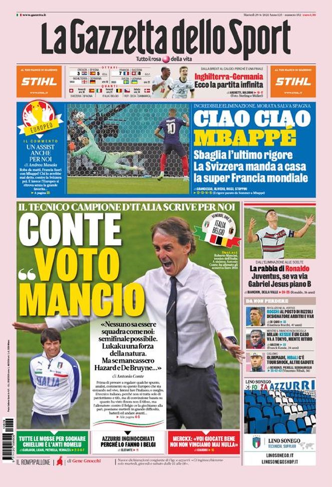 Prima Pagina, La Gazzetta dello Sport: “Ciao ciao Mbappé. Conte: Voto Mancio” 