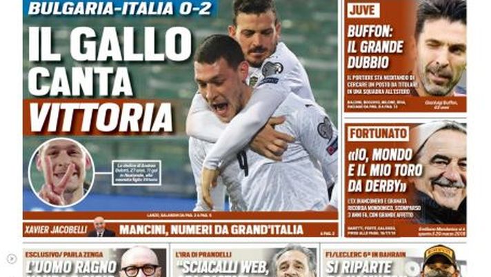 Prima Pagina, Tuttosport: “Il Gallo canta vittoria. Bulgaria-Italia 0-2”  Prima Pagina, Tuttosport: “Il Gallo canta vittoria. Bulgaria-Italia 0-2”