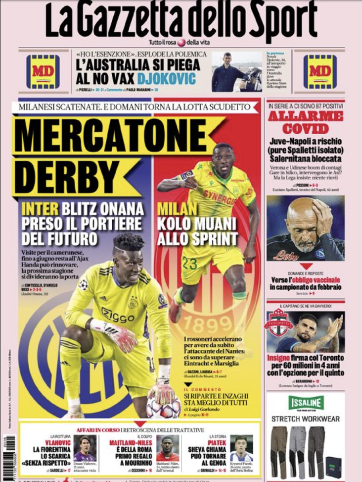 Prima Pagina, La Gazzetta dello Sport: “Mercatone derby. Insigne firma col Toronto” prima pagina