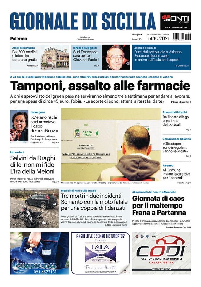 Prima Pagina, Giornale di Sicilia: “Tamponi, assalto alle farmacie” - immagine 1