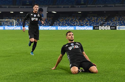 NAPLES, ITALY - JANUARY 13: Nedim Bajrami of Empoli celebrates after scoring their team's first goal during the Coppa Italia match between SSC Napoli and Empoli FC at Stadio Diego Armando Maradona on January 13, 2021 in Naples, Italy. Sporting stadiums around Italy remain under strict restrictions due to the Coronavirus Pandemic as Government social distancing laws prohibit fans inside venues resulting in games being played behind closed doors. (Photo by Francesco Pecoraro/Getty Images) NAPLES, ITALY - JANUARY 13: Nedim Bajrami of Empoli celebrates after scoring their team's first goal during the Coppa Italia match between SSC Napoli and Empoli FC at Stadio Diego Armando Maradona on January 13, 2021 in Naples, Italy. Sporting stadiums around Italy remain under strict restrictions due to the Coronavirus Pandemic as Government social distancing laws prohibit fans inside venues resulting in games being played behind closed doors. (Photo by Francesco Pecoraro/Getty Images)