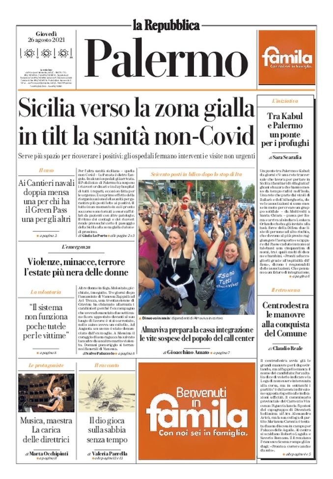 Prima Pagina, La Repubblica: “Sicilia verso zona gialla, in tilt sanità non-Covid“ 