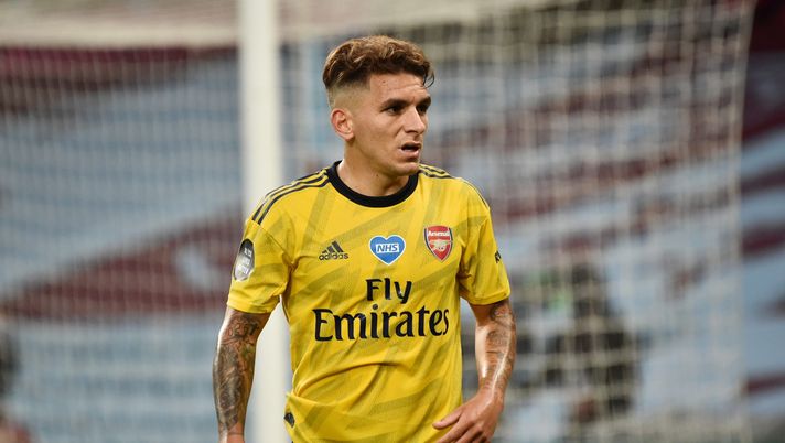 BIRMINGHAM, ENGLAND - JULY 21: Lucas Torreira of Arsenal looks on during the Premier League match between Aston Villa and Arsenal FC at Villa Park on July 21, 2020 in Birmingham, England. Football Stadiums around Europe remain empty due to the Coronavirus Pandemic as Government social distancing laws prohibit fans inside venues resulting in all fixtures being played behind closed doors. (Photo by Rui Vieira/Pool via Getty Images) BIRMINGHAM, ENGLAND - JULY 21: Lucas Torreira of Arsenal looks on during the Premier League match between Aston Villa and Arsenal FC at Villa Park on July 21, 2020 in Birmingham, England. Football Stadiums around Europe remain empty due to the Coronavirus Pandemic as Government social distancing laws prohibit fans inside venues resulting in all fixtures being played behind closed doors. (Photo by Rui Vieira/Pool via Getty Images)