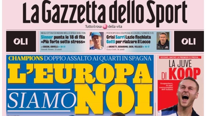 PRIMA PAGINA GAZZETTA DELLO SPORT OGGI