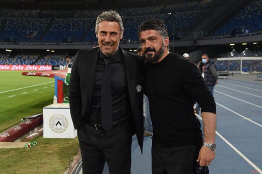 NAPLES, ITALY - MAY 11: (L - R) Luca Gotti, Head Coach of Udinese Calcio poses for a photo with Gennaro Gattuso, Head Coach of SSC Napoli prior to the Serie A match between SSC Napoli and Udinese Calcio at Stadio Diego Armando Maradona on May 11, 2021 in Naples, Italy. Sporting stadiums around Italy remain under strict restrictions due to the Coronavirus Pandemic as Government social distancing laws prohibit fans inside venues resulting in games being played behind closed doors. (Photo by Francesco Pecoraro/Getty Images) NAPLES, ITALY - MAY 11: (L - R) Luca Gotti, Head Coach of Udinese Calcio poses for a photo with Gennaro Gattuso, Head Coach of SSC Napoli prior to the Serie A match between SSC Napoli and Udinese Calcio at Stadio Diego Armando Maradona on May 11, 2021 in Naples, Italy. Sporting stadiums around Italy remain under strict restrictions due to the Coronavirus Pandemic as Government social distancing laws prohibit fans inside venues resulting in games being played behind closed doors. (Photo by Francesco Pecoraro/Getty Images)