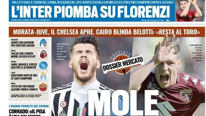 Prima Pagina, Tuttosport: “Mole di gol. Morata-Juve: il Chelsea apre. Cairo: ‘Non vendo Belotti’. Inter su Florenzi, il Milan punta Falcao…” Prima Pagina, Tuttosport: “Mole di gol. Morata-Juve: il Chelsea apre. Cairo: ‘Non vendo Belotti’. Inter su Florenzi, il Milan punta Falcao…”