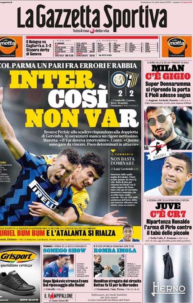 Gazzetta dello Sport, la prima pagina di oggi, domenica 1° novembre 2020 