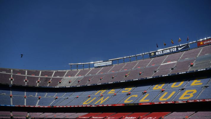 BARCELONA, SPAIN - MAY 08: General view inside the stadium prior to the La Liga Santander match between FC Barcelona and Atletico de Madrid at Camp Nou on May 08, 2021 in Barcelona, Spain. Sporting stadiums around Spain remain under strict restrictions due to the Coronavirus Pandemic as Government social distancing laws prohibit fans inside venues resulting in games being played behind closed doors. (Photo by David Ramos/Getty Images) BARCELONA, SPAIN - MAY 08: General view inside the stadium prior to the La Liga Santander match between FC Barcelona and Atletico de Madrid at Camp Nou on May 08, 2021 in Barcelona, Spain. Sporting stadiums around Spain remain under strict restrictions due to the Coronavirus Pandemic as Government social distancing laws prohibit fans inside venues resulting in games being played behind closed doors. (Photo by David Ramos/Getty Images)