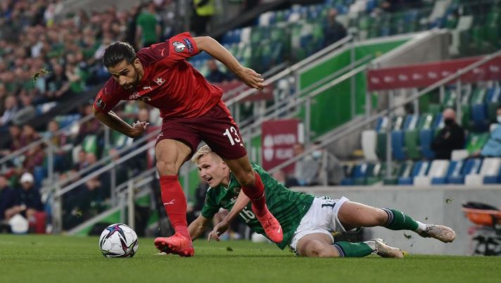 BELFAST, NORTHERN IRELAND - SEPTEMBER 08: Ricardo Rodriguez of Switzerland and Alistair McCann of Northern Ireland during the 2022 FIFA World Cup Qualifier match between Northern Ireland and Switzerland at the National stadium at Windsor Park on September 8, 2021 in Belfast, Northern Ireland. (Photo by Charles McQuillan/Getty Images) BELFAST, NORTHERN IRELAND - SEPTEMBER 08: Ricardo Rodriguez of Switzerland and Alistair McCann of Northern Ireland during the 2022 FIFA World Cup Qualifier match between Northern Ireland and Switzerland at the National stadium at Windsor Park on September 8, 2021 in Belfast, Northern Ireland. (Photo by Charles McQuillan/Getty Images)