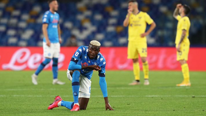 NAPLES, ITALY - MAY 23: Victor Osimhen of SSC Napoli looks dejected after the Serie A match between SSC Napoli and Hellas Verona FC at Stadio Diego Armando Maradona on May 23, 2021 in Naples, Italy. Sporting stadiums around Italy remain under strict restrictions due to the Coronavirus Pandemic as Government social distancing laws prohibit fans inside venues resulting in games being played behind closed doors. (Photo by Francesco Pecoraro/Getty Images) NAPLES, ITALY - MAY 23: Victor Osimhen of SSC Napoli looks dejected after the Serie A match between SSC Napoli and Hellas Verona FC at Stadio Diego Armando Maradona on May 23, 2021 in Naples, Italy. Sporting stadiums around Italy remain under strict restrictions due to the Coronavirus Pandemic as Government social distancing laws prohibit fans inside venues resulting in games being played behind closed doors. (Photo by Francesco Pecoraro/Getty Images)
