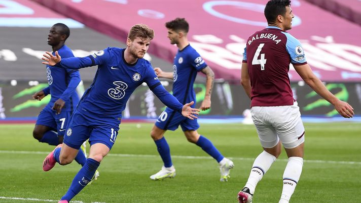 LONDON, ENGLAND - APRIL 24: Timo Werner of Chelsea celebrates after scoring their sides first goal during the Premier League match between West Ham United and Chelsea at London Stadium on April 24, 2021 in London, England. Sporting stadiums around the UK remain under strict restrictions due to the Coronavirus Pandemic as Government social distancing laws prohibit fans inside venues resulting in games being played behind closed doors. (Photo by Andy Rain - Pool/Getty Images) LONDON, ENGLAND - APRIL 24: Timo Werner of Chelsea celebrates after scoring their sides first goal during the Premier League match between West Ham United and Chelsea at London Stadium on April 24, 2021 in London, England. Sporting stadiums around the UK remain under strict restrictions due to the Coronavirus Pandemic as Government social distancing laws prohibit fans inside venues resulting in games being played behind closed doors. (Photo by Andy Rain - Pool/Getty Images)