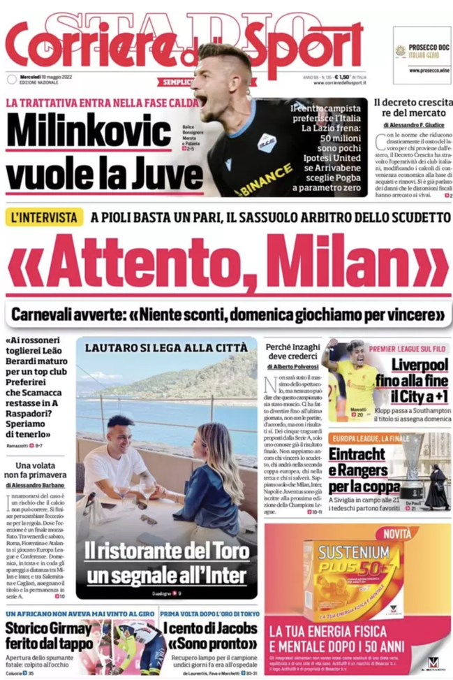 Prima Pagina, Corriere dello Sport: “Milinkovic vuole la Juve. Attento Milan”  prima pagina