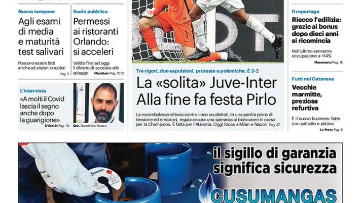 Prima Pagina, Giornale di Sicilia: “Vaccini, si accende la riserva. La ‘solita’ Juve-Inter” 