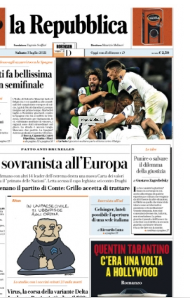 Prima Pagina, La Repubblica-Palermo: “La notte ti fa bellissima, Italia in semifinale&#8221; 