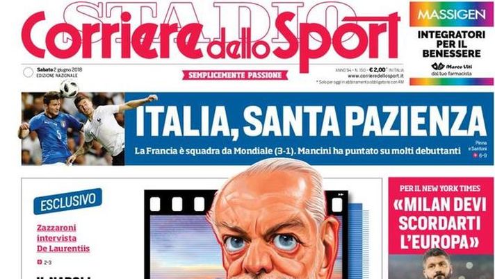 Prima Pagina, Corriere dello Sport: “Aurelio, che cinema! Milan, scordarti l’Europa. Italia, santa pazienza…” Prima Pagina, Corriere dello Sport: “Aurelio, che cinema! Milan, scordarti l’Europa. Italia, santa pazienza…”