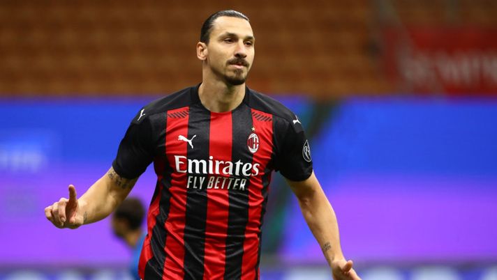 Zlatan Ibrahimovic (attaccante AC Milan) esulta per il suo primo gol in Milan-Roma 3-3 (Serie A 2020-2021) | AC Milan News (Getty Images) 