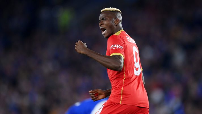 LEICESTER, ENGLAND - SEPTEMBER 16: Victor Osimhen of SSC Napoli celebrates after scoring their side's first goal during the UEFA Europa League group C match between Leicester City and SSC Napoli at The King Power Stadium on September 16, 2021 in Leicester, England. (Photo by Laurence Griffiths/Getty Images) LEICESTER, ENGLAND - SEPTEMBER 16: Victor Osimhen of SSC Napoli celebrates after scoring their side's first goal during the UEFA Europa League group C match between Leicester City and SSC Napoli at The King Power Stadium on September 16, 2021 in Leicester, England. (Photo by Laurence Griffiths/Getty Images)