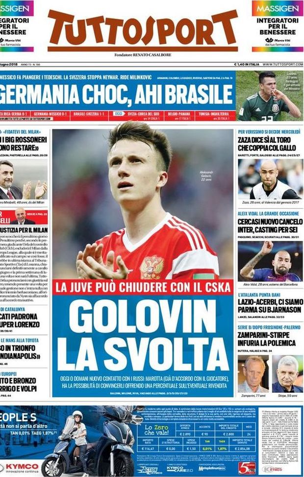 Prima Pagina, Tuttosport: “Golovin, la svolta. Germania choc, ahi Brasile. Zamparini-Stirpe, infuria la polemica…” Prima Pagina, Tuttosport: “Golovin, la svolta. Germania choc, ahi Brasile. Zamparini-Stirpe, infuria la polemica…”