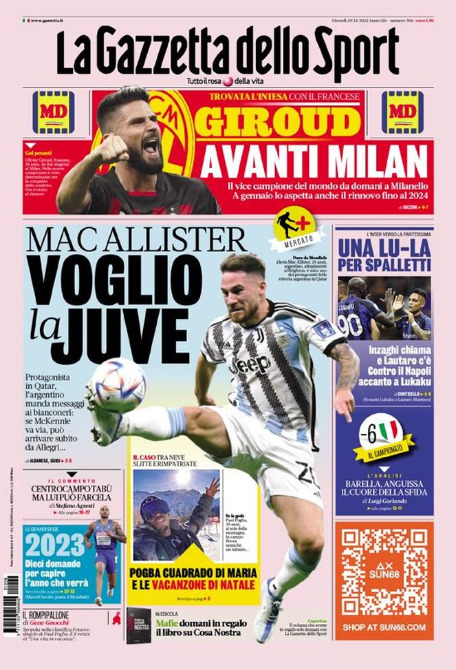La Gazzetta dello Sport, la prima pagina di oggi, giovedì 29 dicembre 2022