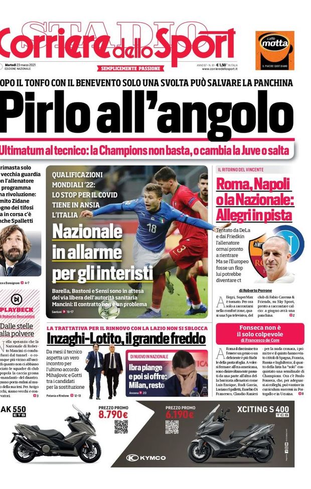 Prima Pagina, Corriere dello Sport: “Pirlo all’angolo, ultimatum al tecnico. Nazionale in allarme per gli interisti”  Prima Pagina, Corriere dello Sport: “Pirlo all’angolo, ultimatum al tecnico. Nazionale in allarme per gli interisti”