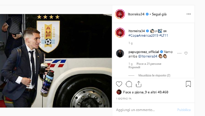 Il like di Piatek ad un post Instagram di Torreira, foto Instagram Torreira Il like di Piatek ad un post Instagram di Torreira, foto Instagram Torreira