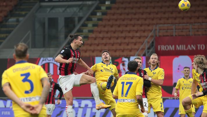 MILAN, ITALY - NOVEMBER 08:  Zlatan Ibrahimovic of AC Milan scores his goal during the Serie A match between AC Milan and Hellas Verona FC at Stadio Giuseppe Meazza on November 8, 2020 in Milan, Italy.  (Photo by Emilio Andreoli/Getty Images) 