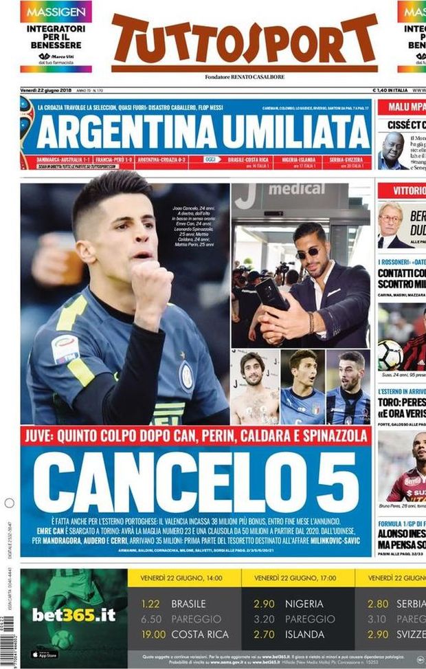 Prima Pagina, Tuttosport: “Cancelo 5. Argentina umiliata. Contatti con Suso, scontri Milan-Inter. Toro: Peres dice sì…” Prima Pagina, Tuttosport: “Cancelo 5. Argentina umiliata. Contatti con Suso, scontri Milan-Inter. Toro: Peres dice sì…”