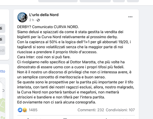 Inter, la curva Nord in silenzio durante il derby con il Milan- immagine 2