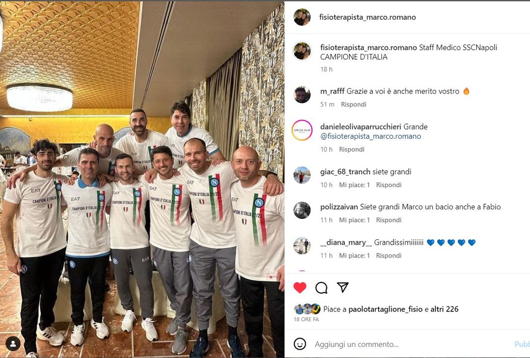 Marco Romano,  fisioterapista del Calcio Napoli, pomiglianese doc, ha pubblicato sul suo profilo instagram la foto dello staff medico campione d'Italia.