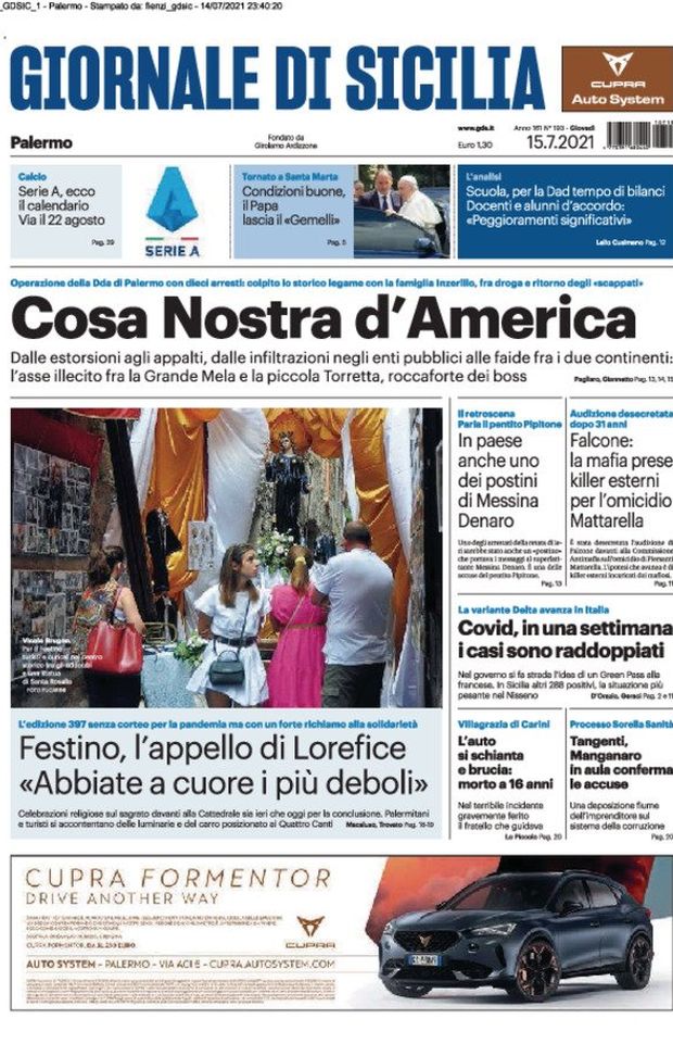 Prima Pagina, Giornale di Sicilia: &#8220;In una settimana casi Covid raddoppiati&#8221; 