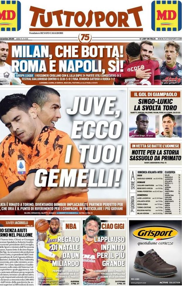  La Prima Pagina di 'Tuttosport' di oggi, 6 novembre 2020 