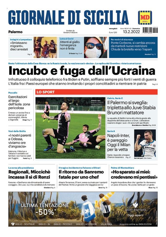 Prima Pagina, Giornale di Sicilia: “Il Palermo si sveglia, Brunori mattatore” - immagine 1