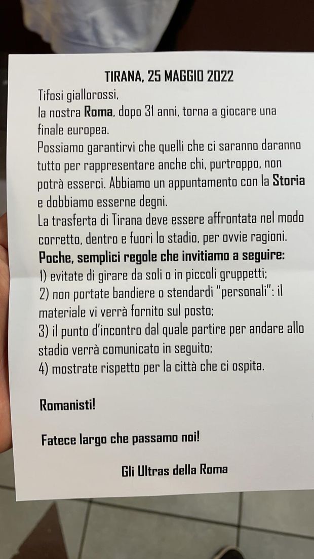 Roma-Feyenoord, il volantino degli ultras: “Rispettate la città che ci ospita”- immagine 2