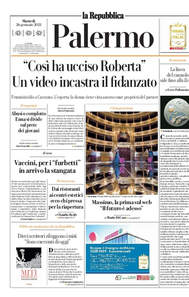Prima Pagina, La RepubblicaPalermo “Così ha ucciso Roberta. Un video incastra il fidanzato