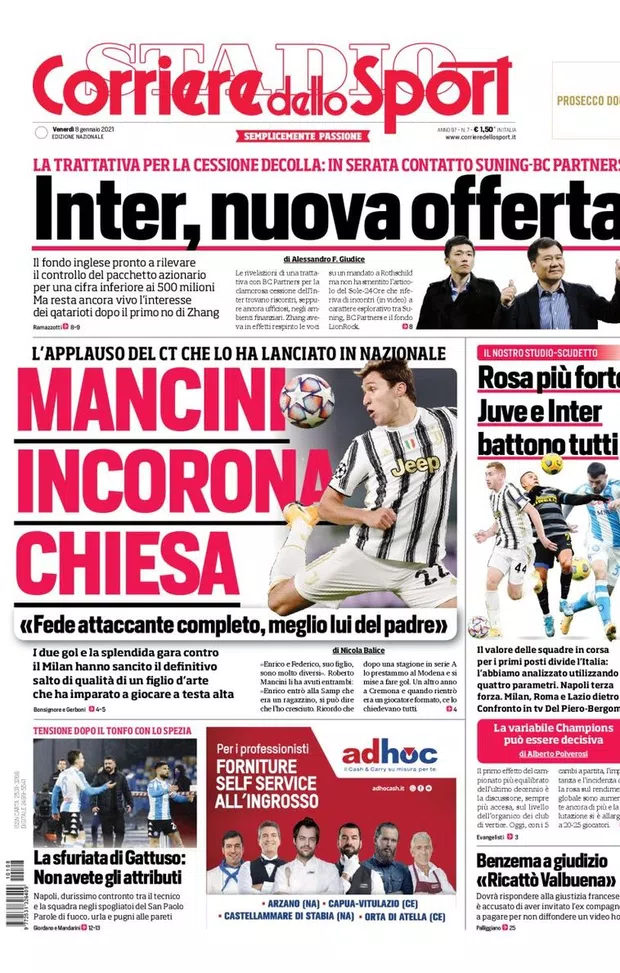 Prima Pagina, Corriere dello Sport: &#8220;Inter, nuova offerta: contatto Suning-Bc Partners. Mancini elogia Chiesa”