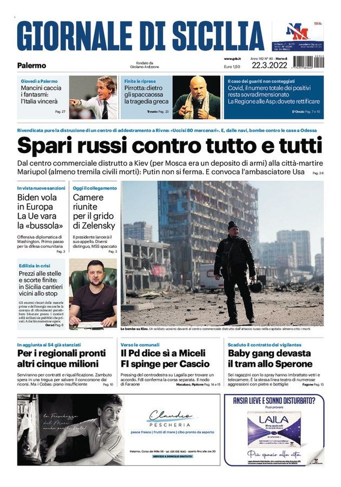 Prima Pagina, Giornale di Sicilia: “Spari russi contro tutto e tutti. Mancini…” Prima Pagina